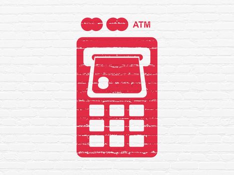 Currency concept: Painted red ATM Machine icon on White Brick wall background
