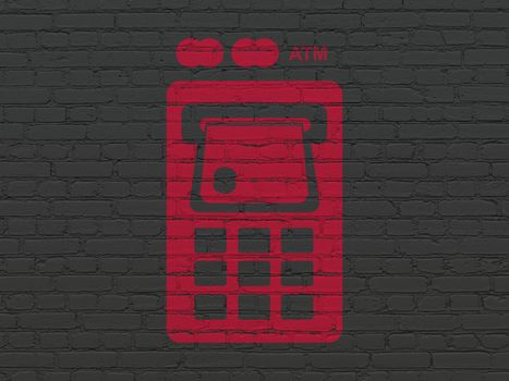 Currency concept: Painted red ATM Machine icon on Black Brick wall background
