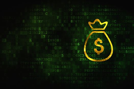 Banking concept: pixelated Money Bag icon on digital background, empty copyspace for card, text, advertising
