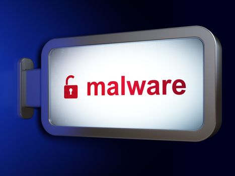 Security concept: Malware and Opened Padlock on advertising billboard background, 3D rendering