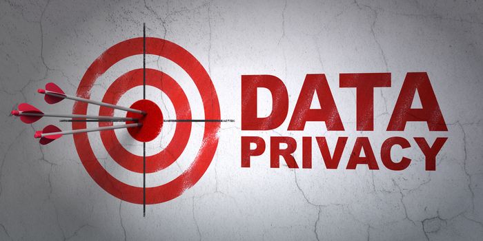 Success safety concept: arrows hitting the center of target, Red Data Privacy on wall background, 3D rendering