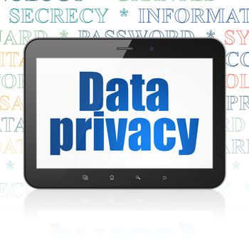 Privacy concept: Tablet Computer with  blue text Data Privacy on display,  Tag Cloud background, 3D rendering