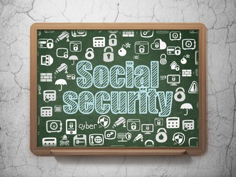 Security concept: Chalk Blue text Social Security on School board background with  Hand Drawn Security Icons, 3D Rendering
