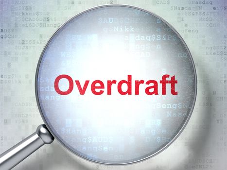 Finance concept: magnifying optical glass with words Overdraft on digital background, 3D rendering