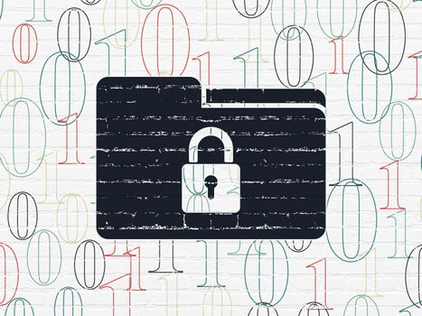 Finance concept: Painted black Folder With Lock icon on White Brick wall background with  Binary Code
