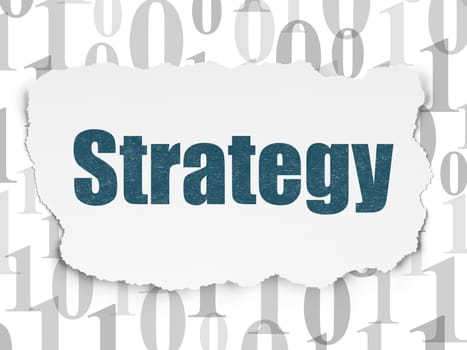 Finance concept: Painted blue text Strategy on Torn Paper background with  Binary Code