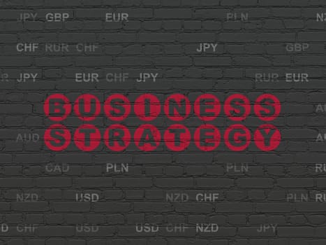 Business concept: Painted red text Business Strategy on Black Brick wall background with Currency