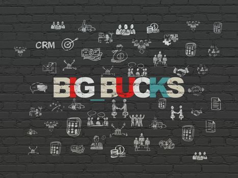 Finance concept: Painted multicolor text Big bucks on Black Brick wall background with  Hand Drawn Business Icons