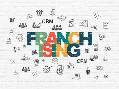 Business concept: Painted multicolor text Franchising on White Brick wall background with  Hand Drawn Business Icons