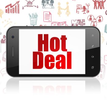 Finance concept: Smartphone with  red text Hot Deal on display,  Hand Drawn Business Icons background, 3D rendering