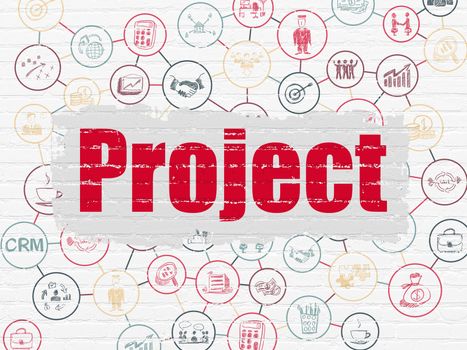 Business concept: Painted red text Project on White Brick wall background with Scheme Of Hand Drawn Business Icons