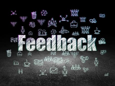 Finance concept: Glowing text Feedback,  Hand Drawn Business Icons in grunge dark room with Dirty Floor, black background