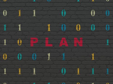 Business concept: Painted red text Plan on Black Brick wall background with Binary Code
