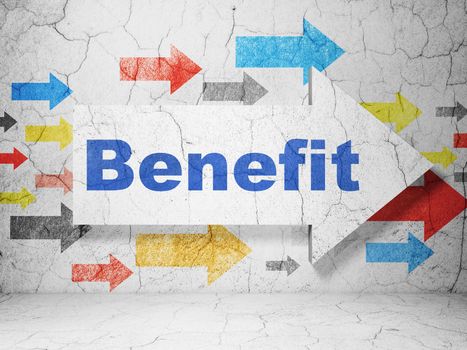 Business concept:  arrow with Benefit on grunge textured concrete wall background, 3D rendering