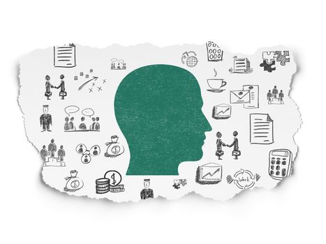 Business concept: Painted green Head icon on Torn Paper background with  Hand Drawn Business Icons