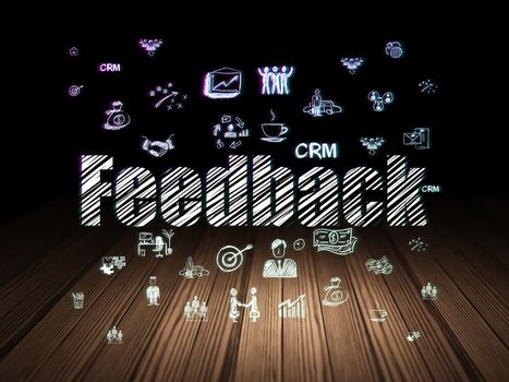 Business concept: Glowing text Feedback,  Hand Drawn Business Icons in grunge dark room with Wooden Floor, black background