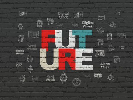 Time concept: Painted multicolor text Future on Black Brick wall background with  Hand Drawing Time Icons