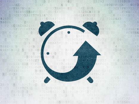 Timeline concept: Painted blue Alarm Clock icon on Digital Data Paper background