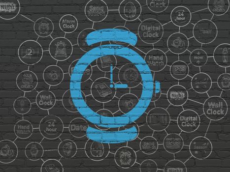 Time concept: Painted blue Hand Watch icon on Black Brick wall background with Scheme Of Hand Drawing Time Icons