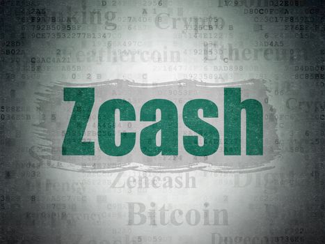 Blockchain concept: Painted green text Zcash on Digital Data Paper background with   Tag Cloud