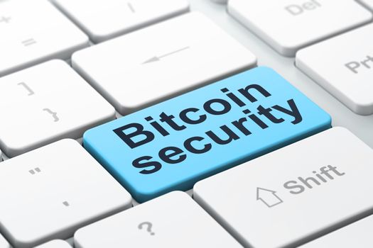 Cryptocurrency concept: computer keyboard with word Bitcoin Security, selected focus on enter button background, 3D rendering
