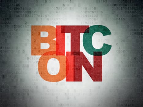 Cryptocurrency concept: Painted multicolor text Bitcoin on Digital Data Paper background