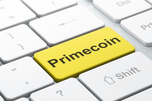 Blockchain concept: computer keyboard with word Primecoin, selected focus on enter button background, 3D rendering