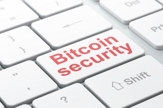 Cryptocurrency concept: computer keyboard with word Bitcoin Security, selected focus on enter button background, 3D rendering