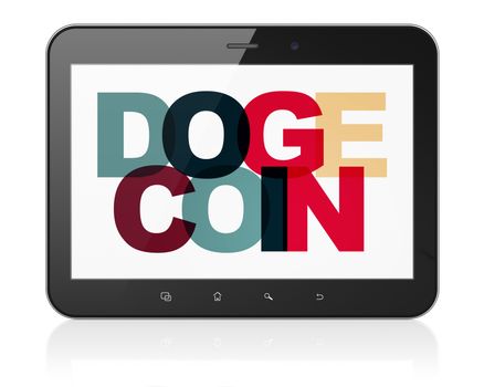 Blockchain concept: Tablet Computer with Painted multicolor text Dogecoin on display, 3D rendering