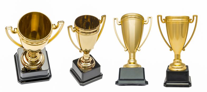 Winners gold cups. Set of golden bowls champion award trophy. Isolated on white