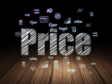 Advertising concept: Glowing text Price,  Hand Drawn Marketing Icons in grunge dark room with Wooden Floor, black background
