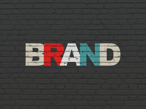 Marketing concept: Painted multicolor text Brand on Black Brick wall background