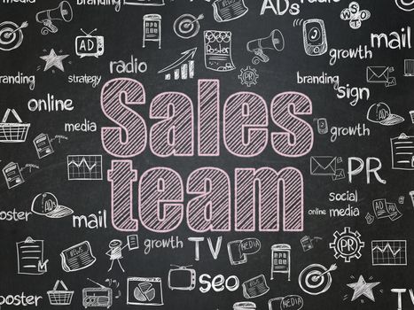 Marketing concept: Chalk Pink text Sales Team on School board background with  Hand Drawn Marketing Icons, School Board