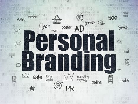 Marketing concept: Painted black text Personal Branding on Digital Data Paper background with  Hand Drawn Marketing Icons