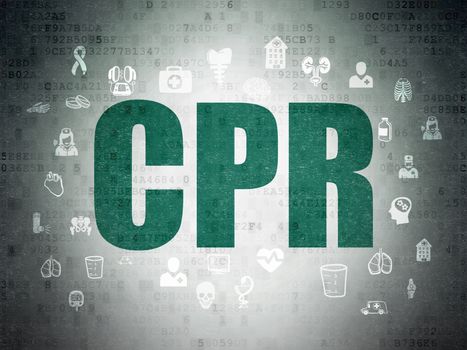Health concept: Painted green text CPR on Digital Data Paper background with  Hand Drawn Medicine Icons