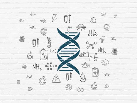 Science concept: Painted blue DNA icon on White Brick wall background with  Hand Drawn Science Icons
