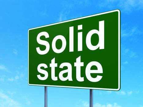 Science concept: Solid State on green road highway sign, clear blue sky background, 3D rendering