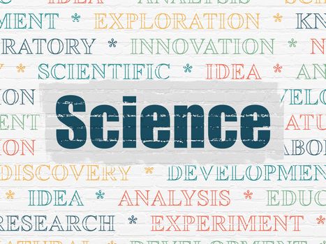 Science concept: Painted blue text Science on White Brick wall background with  Tag Cloud