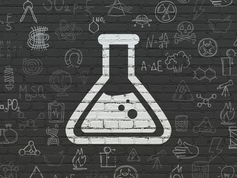 Science concept: Painted white Flask icon on Black Brick wall background with  Hand Drawn Science Icons
