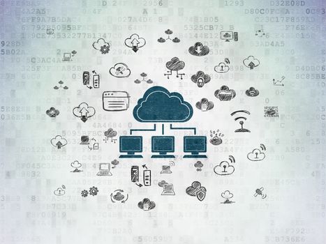 Cloud computing concept: Painted blue Cloud Network icon on Digital Data Paper background with  Hand Drawn Cloud Technology Icons