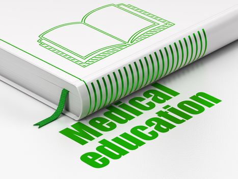 Education concept: closed book with Green Book icon and text Medical Education on floor, white background, 3D rendering