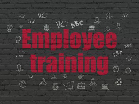 Studying concept: Painted red text Employee Training on Black Brick wall background with  Hand Drawn Education Icons