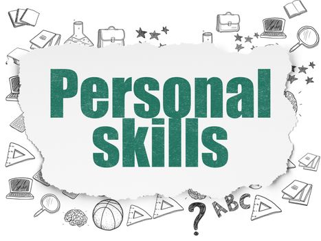 Learning concept: Painted green text Personal Skills on Torn Paper background with  Hand Drawn Education Icons