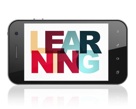 Studying concept: Smartphone with Painted multicolor text Learning on display, 3D rendering