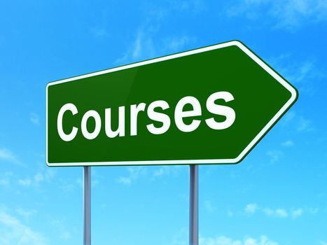 Learning concept: Courses on green road highway sign, clear blue sky background, 3D rendering