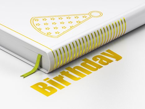 Holiday concept: closed book with Gold Party Hat icon and text Birthday on floor, white background, 3D rendering