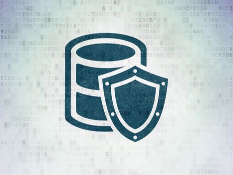 Software concept: Painted blue Database With Shield icon on Digital Data Paper background
