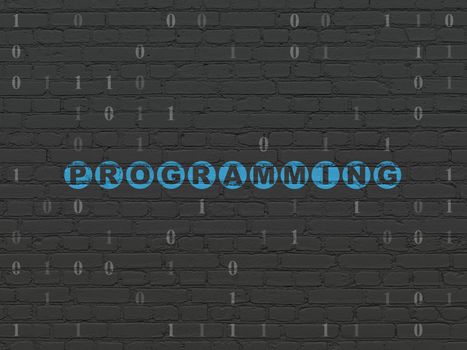 Database concept: Painted blue text Programming on Black Brick wall background with Binary Code
