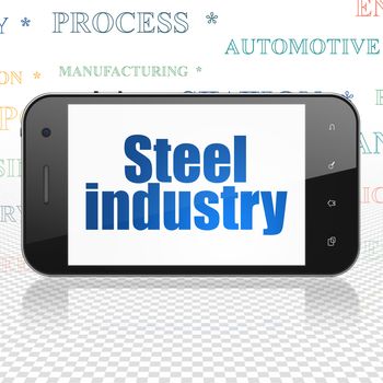 Manufacuring concept: Smartphone with  blue text Steel Industry on display,  Tag Cloud background, 3D rendering