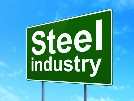 Industry concept: Steel Industry on green road highway sign, clear blue sky background, 3D rendering